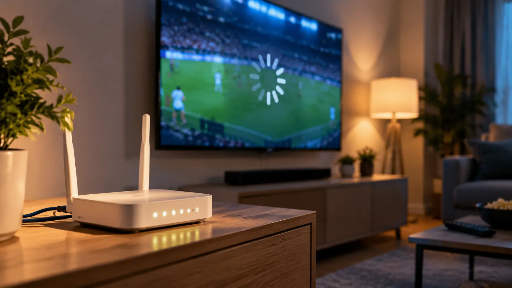 Smart TV som buffrar under en fotbollsmatch, med en wifi-router i förgrunden