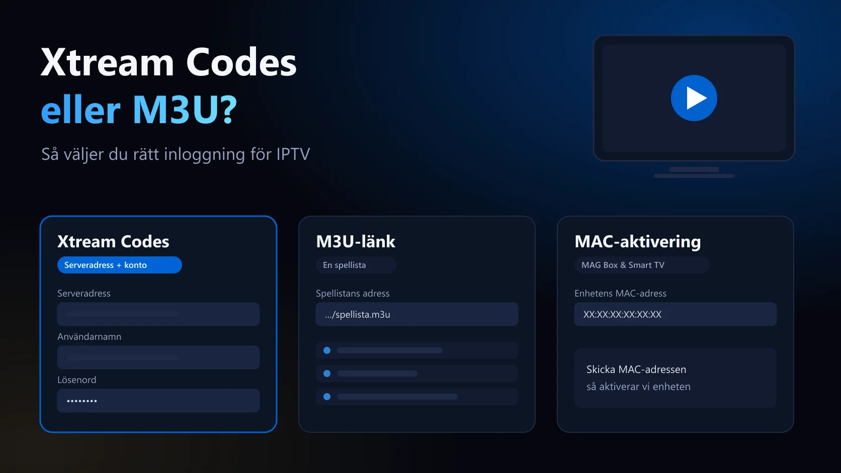 Jämförelse av IPTV-inloggning med Xtream Codes, M3U-länk och MAC-aktivering